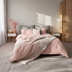 Generated image Cozy bed styled with soft pink and gray linens, creating a warm and inviting atmosphere