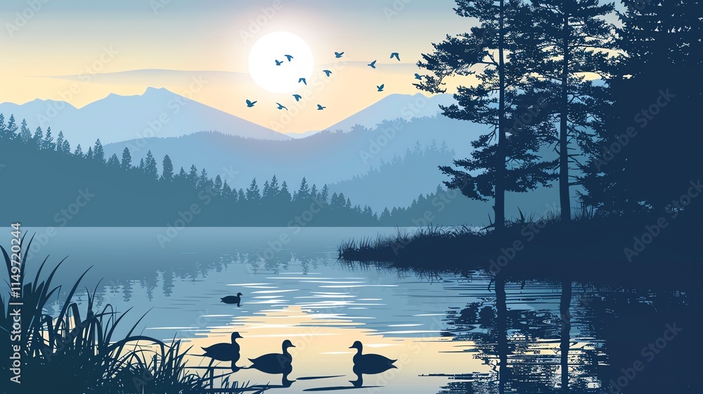 Poster a scenic view of a lake with mountains and trees in the background.