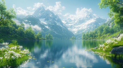 Fototapeta premium Serene mountain lake, lush greenery, white flowers.