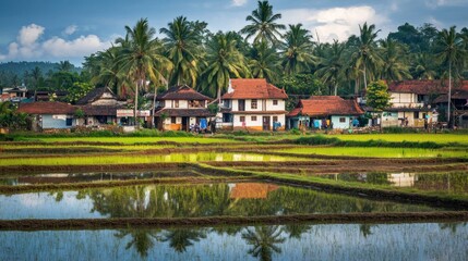 Tranquil village scene with traditional houses, lush greenery, and rice paddies reflecting in calm water.
