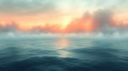 Obraz premium Serene ocean sunset with misty horizon.