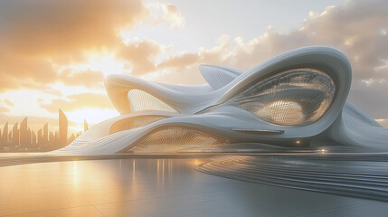 Fototapeta premium Futuristic building with flowing lines against a sunrise.