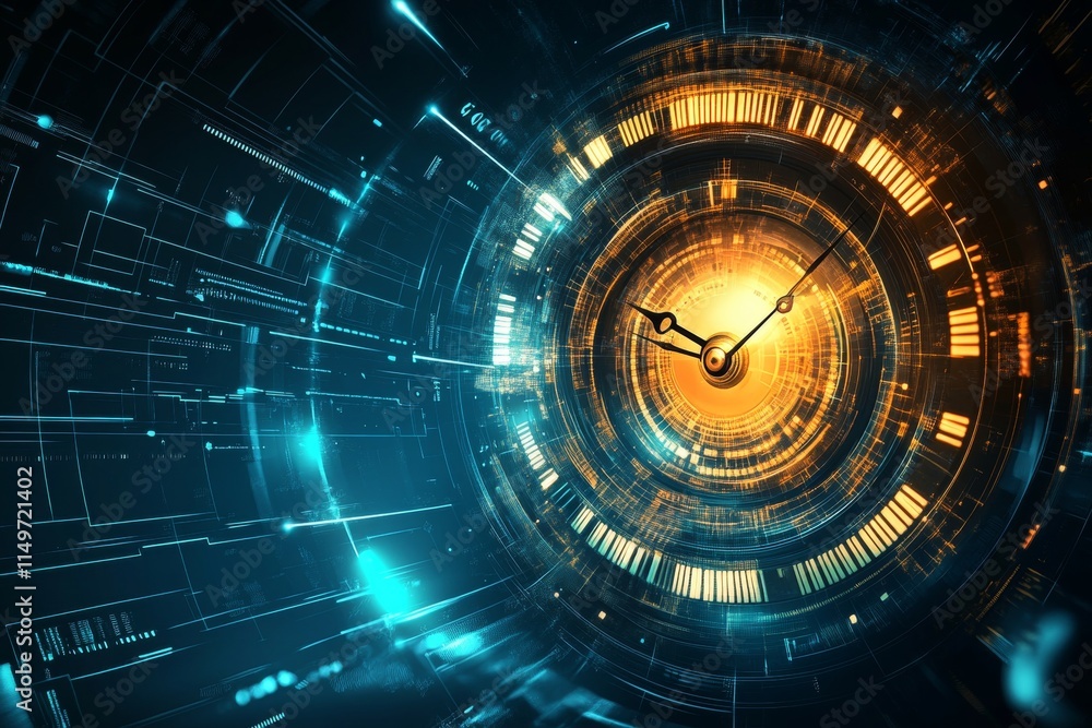 Poster abstract futuristic technology background featuring a rotating time machine and clock concept