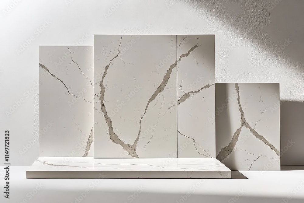 Aufkleber a minimalist display of marble slabs showcasing elegant veining patterns.