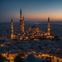 A cityscape at twilight, with a mosque, church, temple, and synagogue prominently lit up side by side.