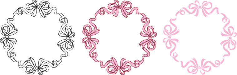 Hand drawn bow ribbon round frame coquette aesthetic with editable stroke thickness for wedding, valentines card and so on. Vector illustration.