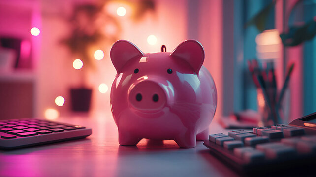 Hucha de cerdito junto a una calculadora en colores rosas