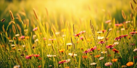 Golden Hour Meadow Vibrant Wildflowers and Busy Bees in a Sunlit Field