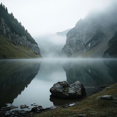 fog on the shore of a lake and mountain