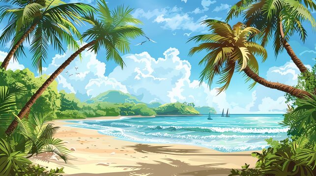 A cartoon illustration of a tropical beach with palm trees, blue water, and a bright sky.
