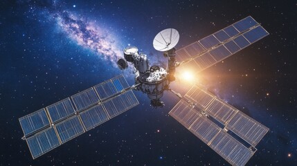 Space Station in Geostationary Orbit, with the Milky Way in the background, strong sunlight bouncing off surfaces, and antenna arrays deployed.