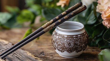 Elegant chopsticks resting on a decorative ceramic holder among beautiful flowers