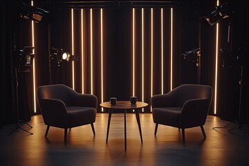 Studio Talk Show Set Design:  Modern Chairs and Warm Lighting Create Intimate Atmosphere for Engaging Conversations.