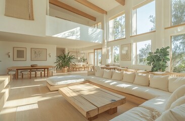 Fototapeta premium Sunlit Minimalist Living Room Design: Modern Interior Architecture with Wooden Furniture and Natural Light