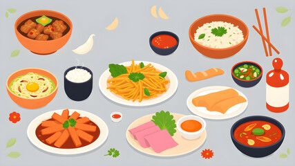 Set of asian food, flat design vector illustration, food dishes from Asian countries. Generative AI