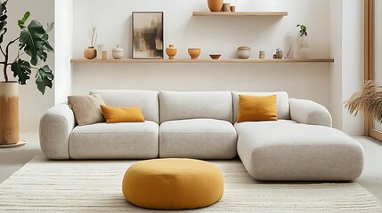 Modern sectional sofa and ottoman in a minimalist living room with neutral tones and earthy accents.