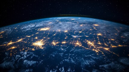 Earth's city lights shimmer below. 3D render. Sci-fi. Futuristic. Technology. Space exploration.