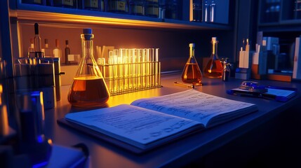 Technological lab scene, test tubes, and notebooks neatly arranged under bright illumination.