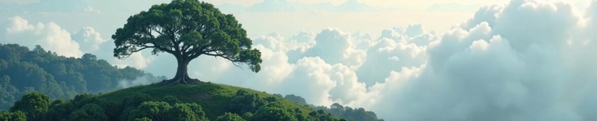 Fototapeta premium A lone military oak tree tower above the clouds in a misty forest, majestic, branches