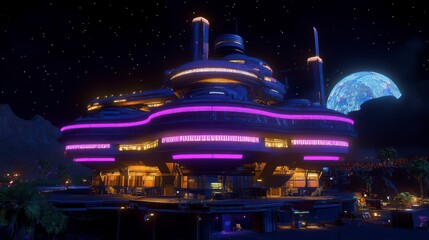 Space Station Night. Glowing lights, soft ambiance, and a breathtaking view of Earth