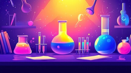 Modern Laboratory Interior. Test tubes, lab notebooks, and scientific equipment arranged on a pristine work surface under bright lights.