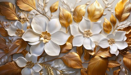 Generated image Decorative mural with golden leaves and white flowers