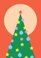 Illustrated Christmas tree adorned with colorful ornaments and a star topper. Set against a vibrant orange background with a circular halo, evoking festive and cheerful holiday vibes