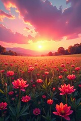 Obraz premium a vast expanse of sun-kissed flowers and tall grasses against a stunning sunset sky, landscape, pink