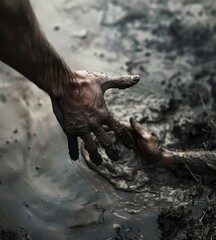 muddy hand reaching out, dirtiness, struggle, human emotion, nature, background blurred, earthy tones, capturing the essence of hope and desperation in a challenging environment, survival