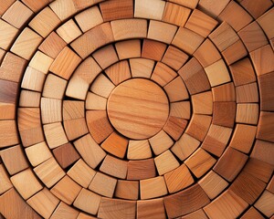Fototapeta premium Close-up of wooden blocks arranged in a detailed concentric circular pattern, showcasing natural wood textures and tones