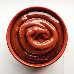 Close-Up View of Red Bowl Containing Thick, Smooth, Glossy Red Substance, Appearing to be Ketchup or Tomato Sauce, Set Against a White Background, Showing Rich Texture with Swirls and Depth