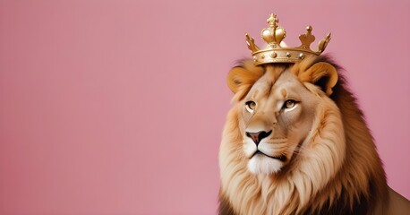 Lion with a golden crown on its head, set against a pink background. The lion has a light tan mane and a strong facial expression, emphasizing its regal appearance