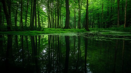 Serene forest reflecting in still water.