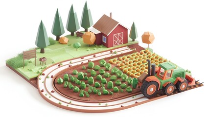 Minimalistic low-poly farm with crops and farmhouse, isolated on white background