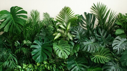 Lush Tropical Greenery Wall, Exotic Leaf Background.