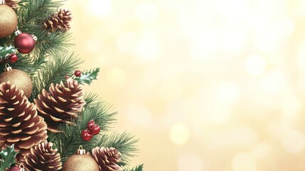 Fototapeta premium Festive Christmas tree border with pine cones, holly, and ornaments on a bokeh background.