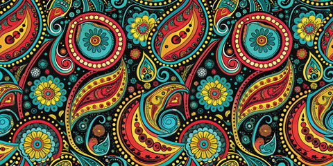 Vibrant paisley pattern with intricate floral designs in bold colors.