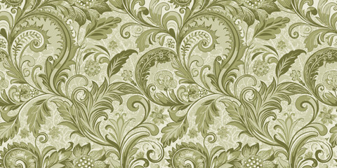 Elegant green floral pattern with intricate swirls and leaves.