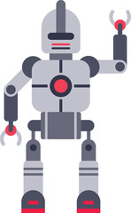 Friendly gray and red robot waving and greeting with an extended robotic arm, featuring a futuristic design that embodies innovation and advanced technology