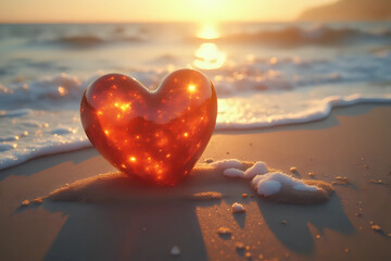 Fototapeta premium A resin heart rests on the wet beach sand, touched by the waves and illuminated by the golden light of sunrise. This image evokes feelings of romance and love