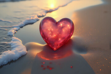 Fototapeta premium A resin heart rests on the wet beach sand, touched by the waves and illuminated by the golden light of sunrise. This image evokes feelings of romance and love