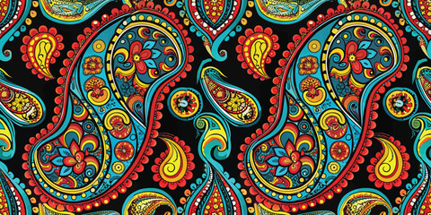 Vibrant paisley pattern with intricate floral designs on a black background.