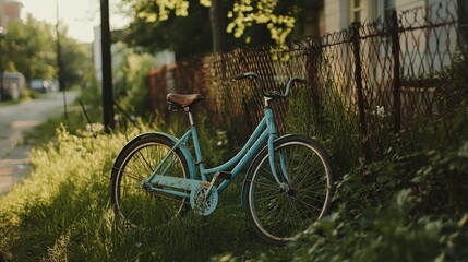 Fototapeta premium Light blue vintage bicycle leans against rusty fence in overgrown grass.