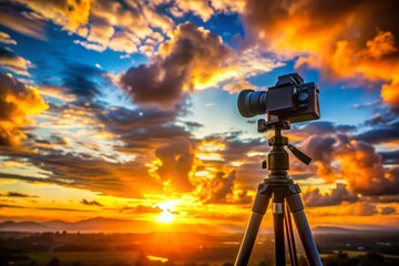 Sunset Fashion Photography: Camera Tripod Silhouette, Golden Hour Shoot, Professional Photography Equipment