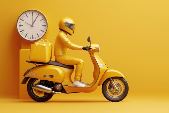 Bright yellow scooter with food delivery under a clock