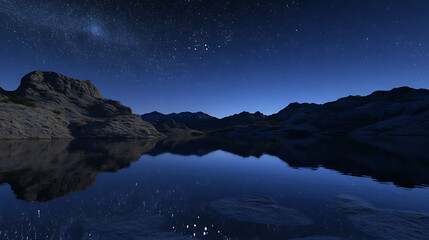 Serene night landscape with mountains reflecting in a calm lake under a starry sky.