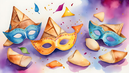 Festive watercolor Purim celebration background with colorful masks and traditional pastries