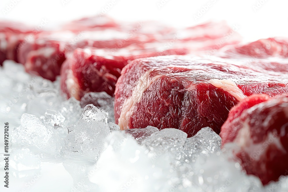 Poster fresh cuts of meat resting on ice for preservation and display.