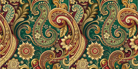 Ornate paisley design with intricate floral patterns in rich colors.