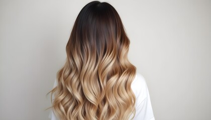 Fototapeta premium Long, wavy hair with an ombre effect transitioning from dark brown at the roots to a light blonde at the tips, viewed from the back. The background is a plain light color